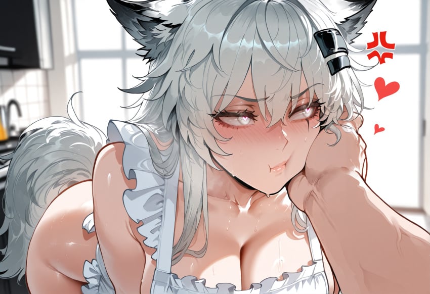 1girls ai_generated apron arknights blush cleavage female flustered hand_on_cheek heart-shaped_pupils lappland_(arknights) miyuai musk musk_clouds pout pouting white_hair wolf_ears wolf_girl