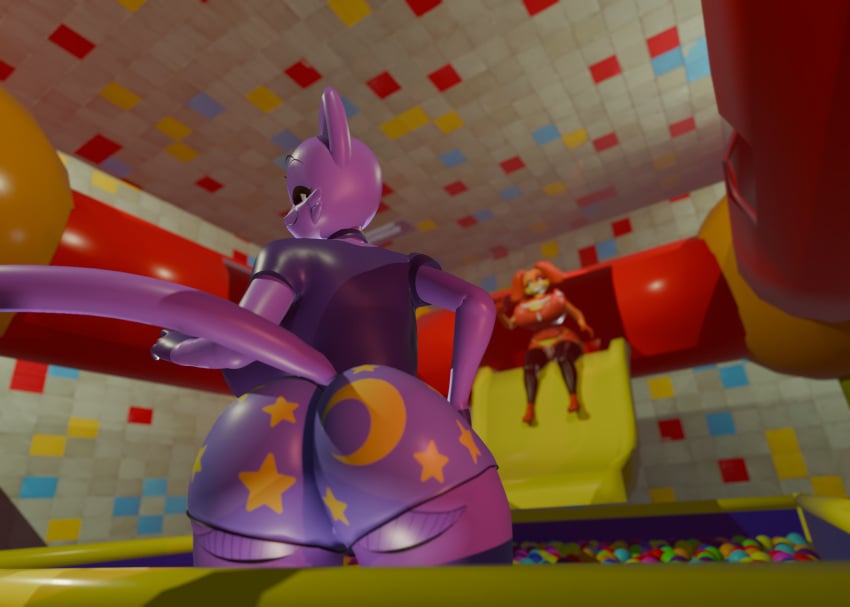 2girls 3d ass ass_focus ball_pit ballpit cat_girl cat_tail catnap_(poppy_playtime) coolestanon critters_(poppy_playtime) dog_girl dogday_(poppy_playtime) dorthy_(theycallhimcake) female furry furry_only nilly_(theycallhimcake) no_humans poppy_playtime purple_body red_body smiling_critters smug theycallhimcake