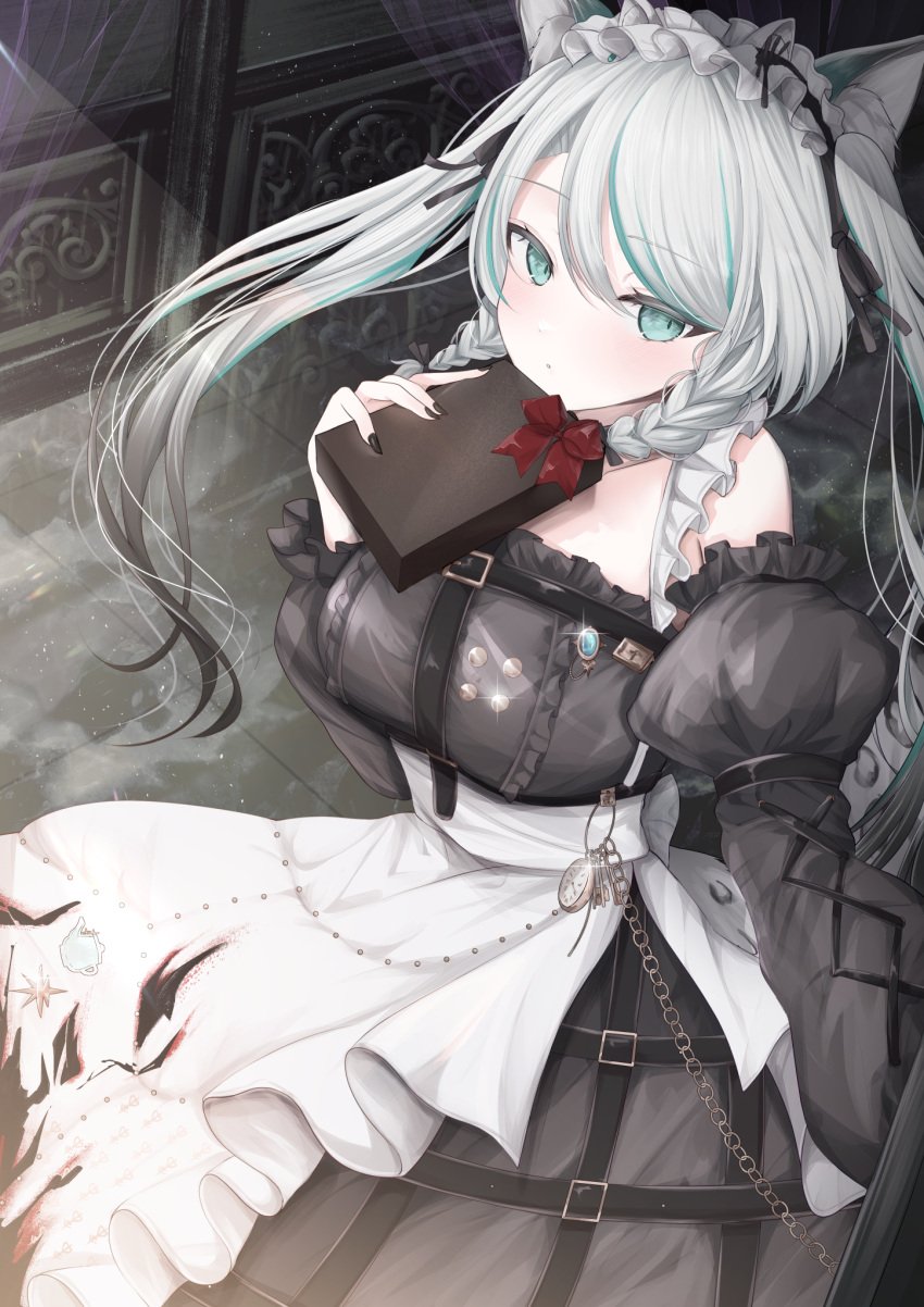 animal_ears black_sky braided_sidelocks cake cheek_rest cross-laced_clothes cross-laced_sleeves dessert female food frilled_straps fuzzy_clothes grey_nails grey_tail highres hinamori_anthea holding holding_saucer indie indie_virtual_youtuber kurage_cc leopard_ears leopard_tail maid nata_(tool) red_pupils saucer sky snow_leopard_tail strawberry_shortcake tail teapot valentine virtual virtual_youtuber wallpaper_(object) youtuber