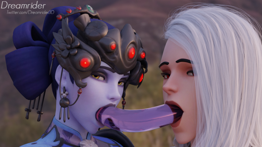 1girls 2girls 3d ashe_(overwatch) black_lily_widowmaker blizzard_entertainment deepthroat dildo dildo_deepthroat double_dildo double_dildo_deepthroat dreamrider eyelashes eyeshadow female female_only light_skin medium_hair oral overwatch purple_skin red_eyes red_lipstick sex_toy slim tagme throat_training transparent_dildo transparent_sex_toy white_hair widowmaker yuri