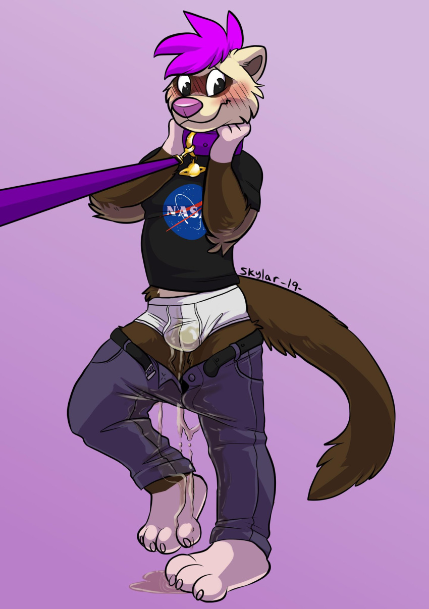 2019 anthro black_eyes blush brown_fur bulge clothed clothing collar compression_artifacts domestic_ferret fur hair hi_res leash male mammal mustela mustelid musteline nasa omorashi pants_down partially_clothed peeing petplay pink_hair purple_hair redfeatherstorm roleplay simple_background solo tan_fur underwear urine watersports wetting