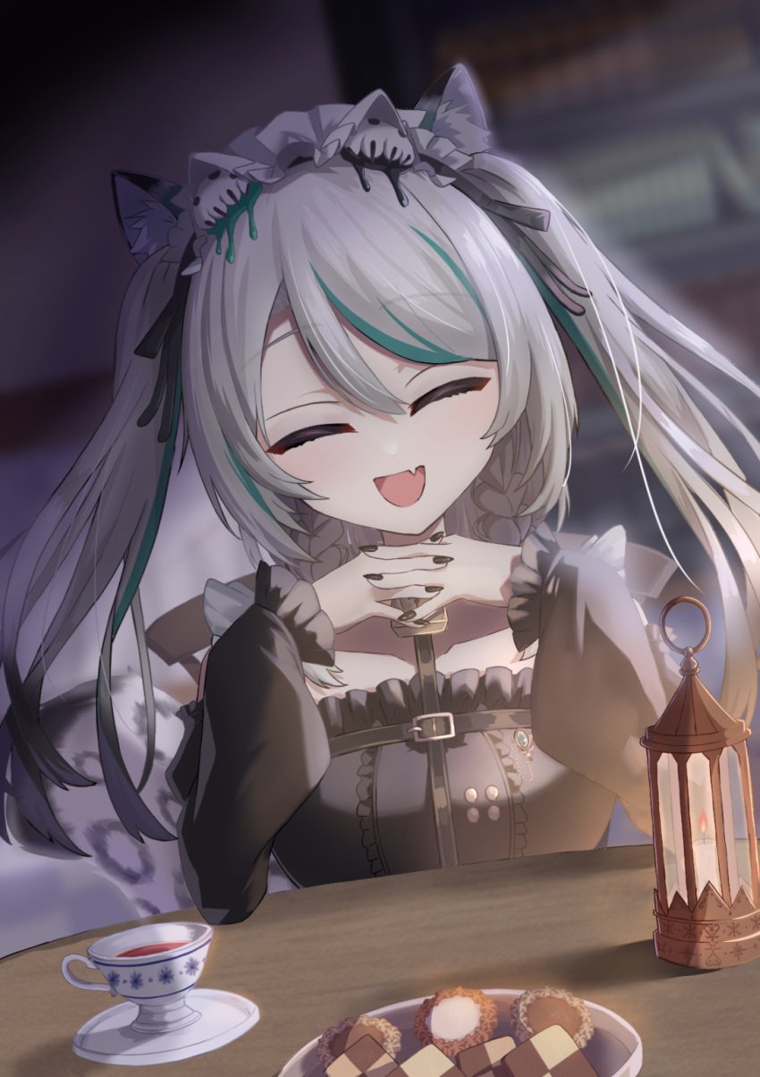 animal_ears black_sky braided_sidelocks cake cheek_rest copyright_request cross-laced_clothes cross-laced_sleeves dessert food freedomman_hero frilled_straps fuzzy_clothes grey_nails grey_tail highres hinamori_anthea holding holding_saucer indie leopard_ears leopard_tail maid nata_(tool) red_pupils saucer sky snow_leopard_tail strawberry_shortcake tail teapot virtual wallpaper_(object) youtuber