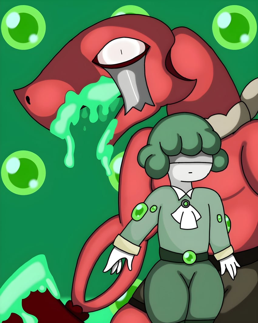 2girls acid bandage_over_eyes dark_green_shorts emerald_(gem) female female_focus female_only green_clothes green_clothing green_hair library_of_ruina magical_girl neutral_expression oomyloops open_mouth project_moon red_skin red_skinned_female ripped_bandage safe safe_for_work servant_of_wrath sfw short_female short_hair shorts tall_female white_skin white_skinned_female wonderlab