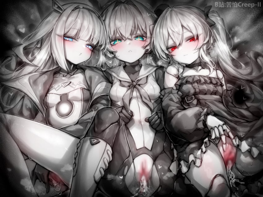 3girls blue_eyes blush eudie_(shadowverse) female joints kupa_(jesterwii) long_hair monochrome multiple_girls orchis ralmia_(shadowverse) red_eyes shadowverse spot_color