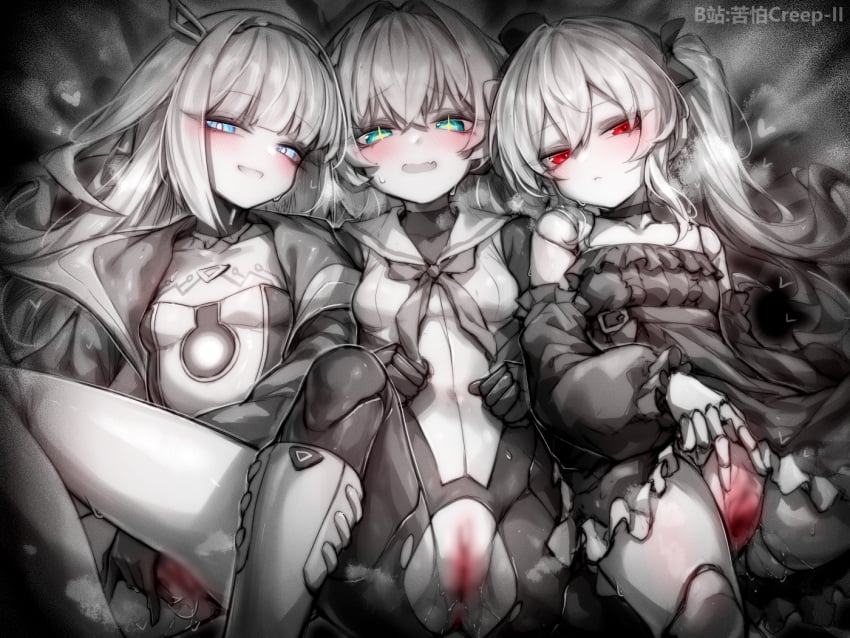 3girls blue_eyes blush doll_joints eudie_(shadowverse) female joints kupa_(jesterwii) long_hair multiple_girls orchis ralmia_(shadowverse) red_eyes shadowverse spot_color