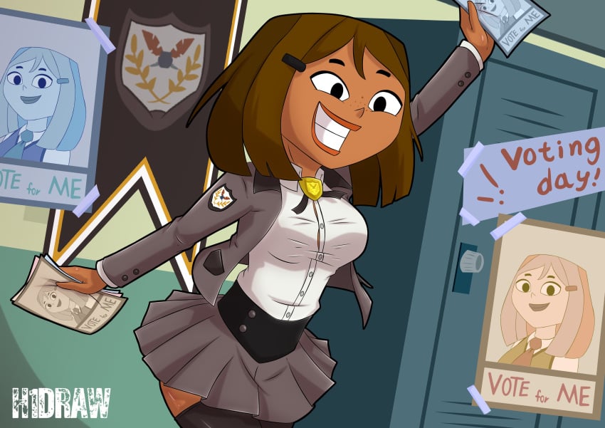 2d brown_hair brown_skin brown_skinned_female busty courtney_(tdi) female female_focus female_only freckles h1draw hourglass_figure school school_uniform schoolgirl skirt tagme total_drama_island wide_hips