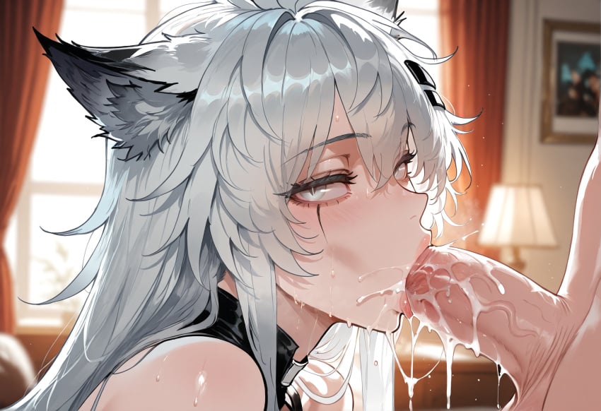 1girls ai_generated arknights blowjob cum cum_in_mouth ejaculation excessive_cum fellatio female lappland_(arknights) looking_at_viewer miyuai oral oral_sex scar semen semen_in_mouth sucking_penis white_hair wolf_ears wolf_girl