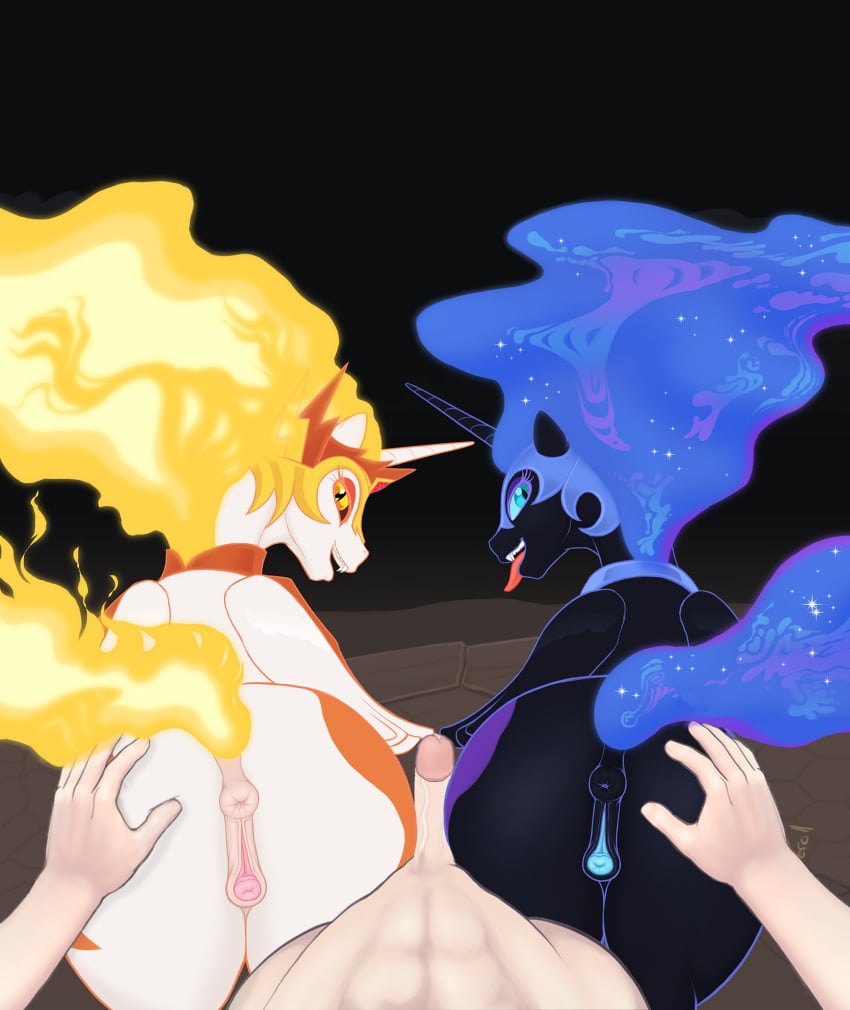 2girls alicorn arareroll dark_persona daybreaker_(mlp) dream equid equine female feral friendship_is_magic hi_res horse human interspecies male male_human/female_feral male_on_feral mammal my_little_pony nightmare_moon_(mlp) pony princess_celestia_(mlp) princess_luna_(mlp) zoophilia