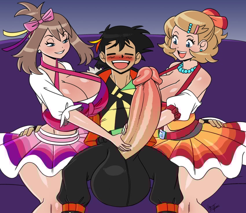 aeolus06 huge_breasts imminent_sex may_(pokemon) may_(pokemon_oras) pokemon pokemon_xy satoshi_(pokemon) satoshi_(pokemon) serena_(pokemon) smile threesome
