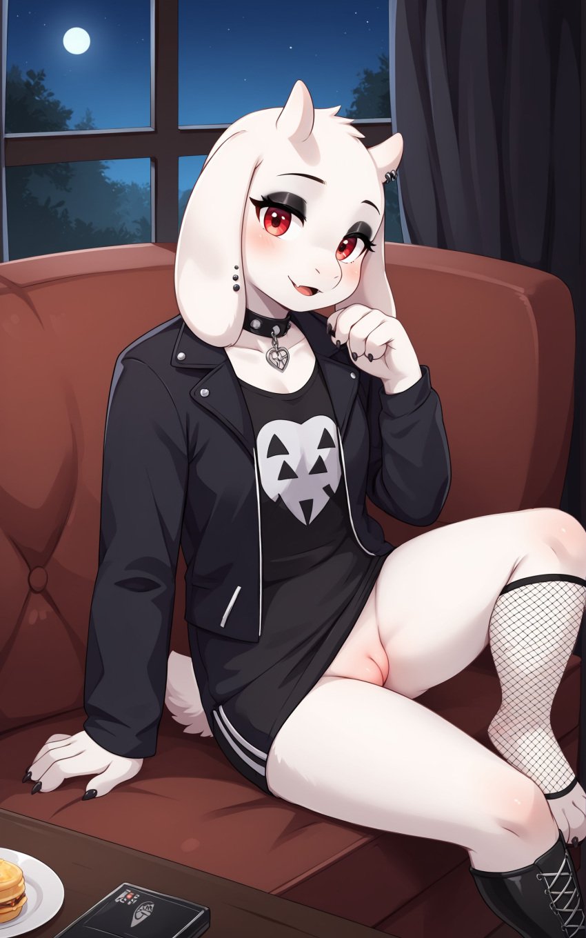1girls 2025 ai_generated anthro choker digitigrade ear_piercing eyeliner eyeshadow female female_only fishnet_legwear fishnets goth goth_girl hi_res high-angle_view horn_piercing horns indoors innie_pussy jacket living_room moon night on_couch pussy red_eyes shirt sitting smile toriel undertale white_fur