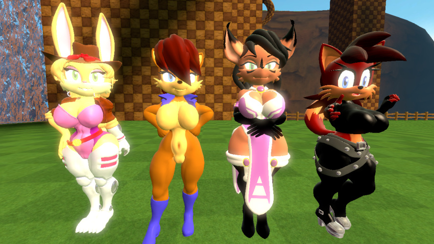 3d acorn belt big black_hair blue_eyes boots breasts brown_hair bunnie_rabbot cleavage curvy female female_only fiona_fox fox gloves green_eyes hat jacket large_breasts long long_gloves mammal nicole_the_lynx pants purple_dress rabbit robotic robotic_arm sally_acorn sega shirt sonic_(series) source_filmmaker topwear