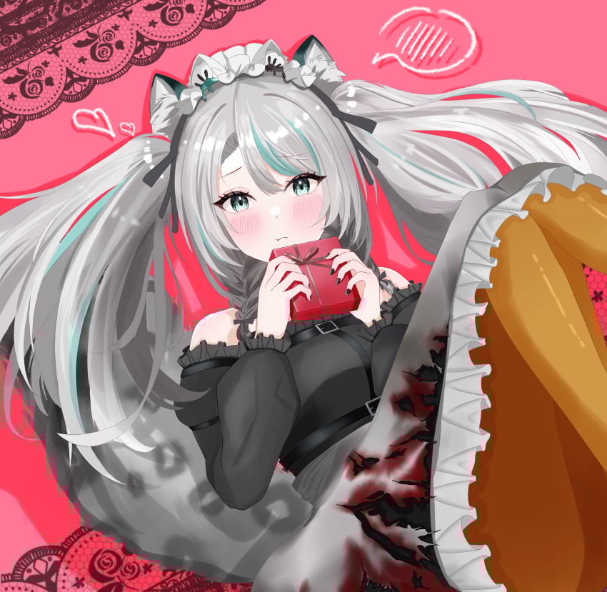 absurdres animal_ears black_sky braided_sidelocks cake cheek_rest cross-laced_clothes cross-laced_sleeves food frilled_straps fuzzy_clothes grey_nails grey_tail highres hinamori_anthea holding holding_saucer indie leopard_ears leopard_tail maid nata_(tool) red_pupils request saucer sky snow_leopard_tail strawberry_shortcake tadanoinu_zuki tail teapot virtual wallpaper_(object) youtuber