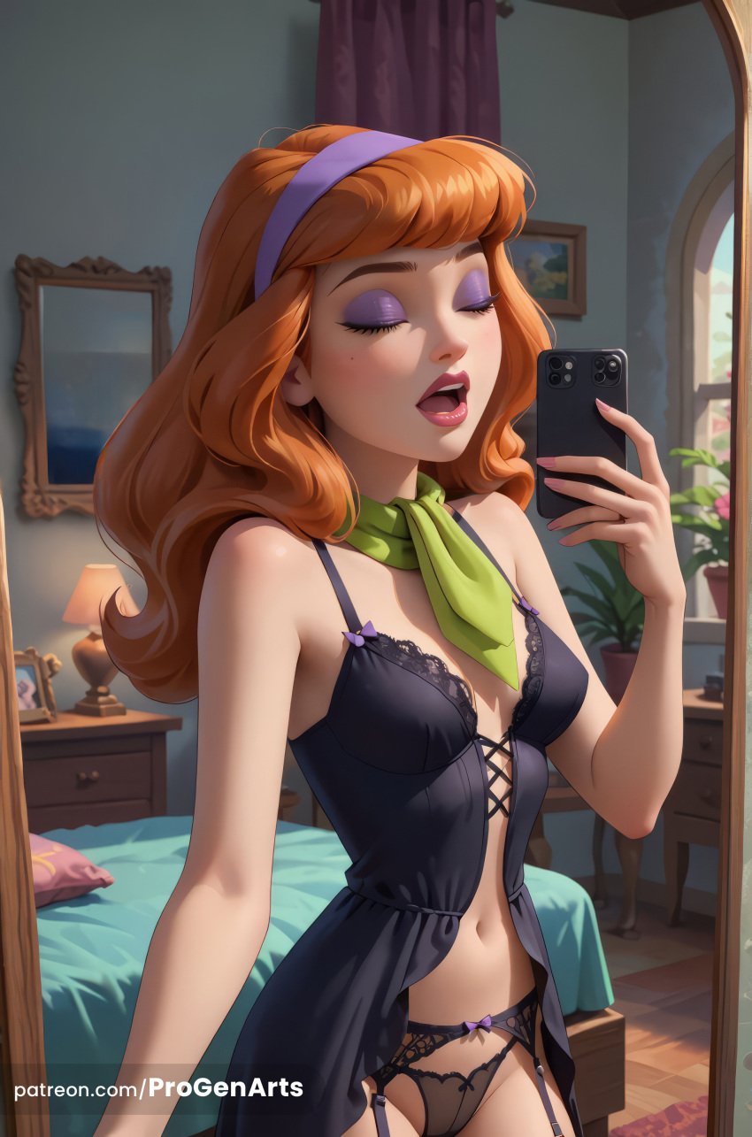 1girls ai_generated artist_name babydoll bare_shoulders bed bedroom black_babydoll black_panties breasts cartoon_network cellphone closed_eyes curly_hair curtains daphne_blake eyeshadow freckles garter_belt ginger ginger_hair hairband hanna-barbera hi_res holding holding_phone indoors lamp lingerie lips lipstick long_hair makeup medium_breasts mirror mole mole_under_eye nail_polish navel open_mouth orange_hair panties patreon_username phone progenarts purple_nails scarf scooby-doo see-through selfie smartphone solo underwear warner_brothers web_address