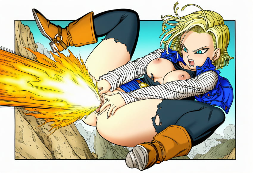 ai_generated alternate_version_available android_18 artist_request beam breasts breasts_out cover_art dragon_ball dragon_ball_z energy_beam female fireball firing_weapon flying legs_apart pussy ruined_city screaming special_attack torn_clothes torn_clothing vagina