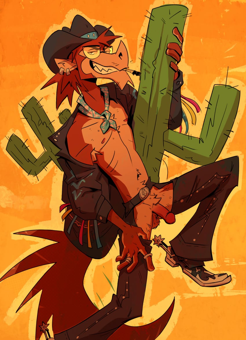 ace_(nastymule) anthro balls belt boots cactus chaps cigarette cigarette_in_mouth clothing cowboy_boots cowboy_hat ear_piercing ear_ring echidna eyewear flaccid footwear genitals glasses hat headgear headwear hi_res humanoid_genitalia humanoid_penis ineffective_clothing jacket male mammal monotreme nastymuleart navel nipples object_in_mouth penis piercing plant ring_piercing shoes smile smirk solo topwear