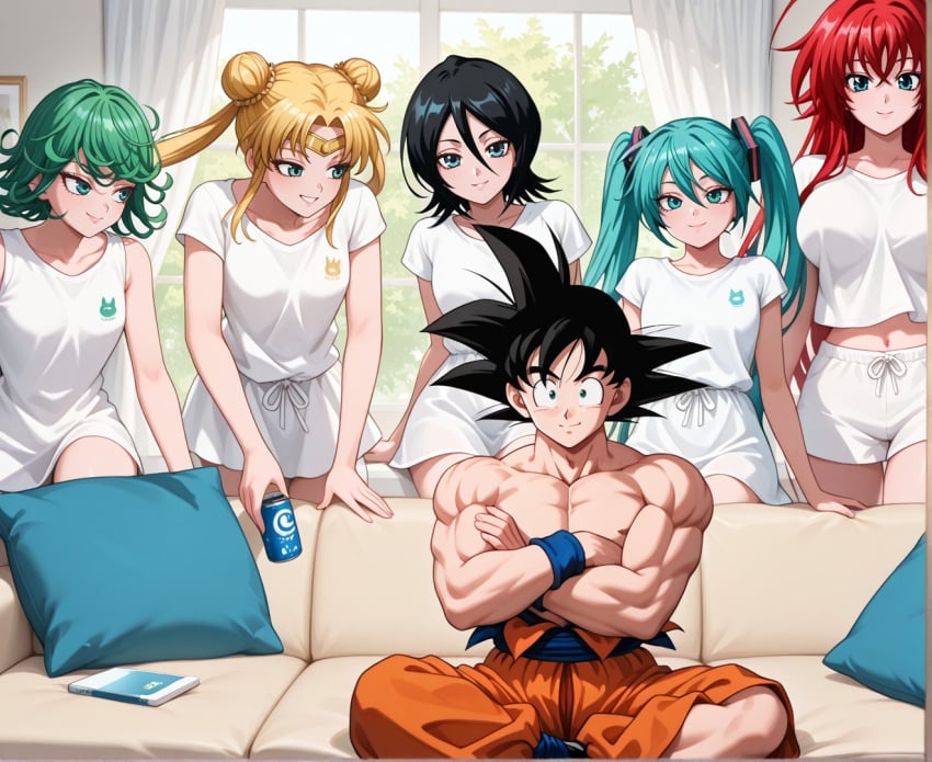 1boy 5girls ai_generated big_breasts bishoujo_senshi_sailor_moon black_hair bleach blonde_hair blue_eyes blue_hair breasts crossover day dragon_ball dragon_ball_super dragon_ball_z goku green_hair hatsune_miku high_school_dxd kuchiki_rukia legs light_skin long_hair medium_breasts one-punch_man pectorals red_hair rias_gremory sailor_moon seductive_smile short_hair sitting smiling son_goku tatsumaki twintails usagi_tsukino vocaloid