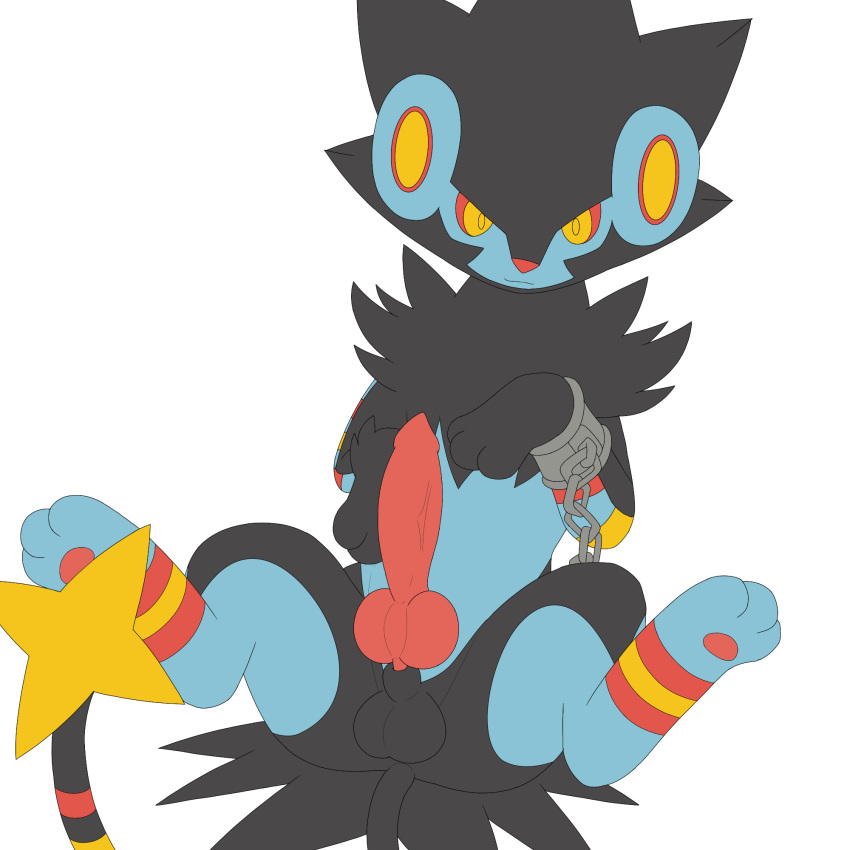 1:1 1boy 3_toes alternate_color animal_genitalia animal_penis ass black_fur blue_fur canine canine_penis chains feet feline feral furry hi_res knot large_penis luxain luxray male male_only mammal nintendo nude original_character paws penis pokémon_(species) pokemon pokemon_(species) pokemon_dppt red_fur red_sclera sitting solo spread_legs stripes testicles thick_thighs video_games white_background yellow_eyes yellow_fur