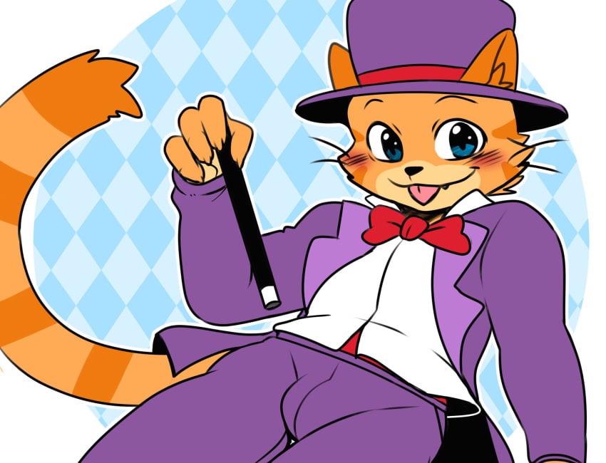 1boy 2025 anthro anthro_only background blue_eyes blush bowtie buldge bulge cat_ears cat_tail cub digital_drawing_(artwork) digital_media_(artwork) domestic_cat elliot_(giggleland) eyebrows eyes_open feline furry furry_only giggleland hat hi_res humanoid laying_back looking_at_viewer male male_cub orange_fur pants_bulge purple_clothing purple_hat red_bowtie saku1saya smiling sticking_out_tongue striped_tail suit unbuttoned unbuttoned_shirt wand whiskers young younger_male