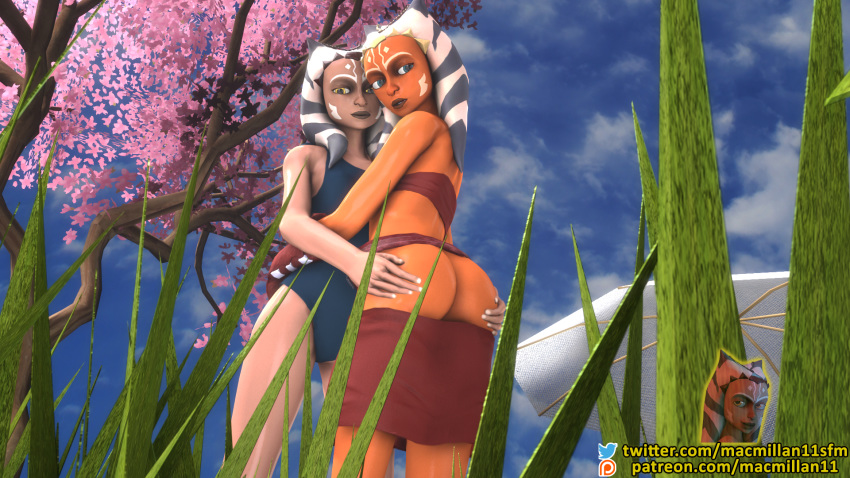 2girls 3d ahsoka_tano ass ass_grab blue_eyes butt_grab clone_wars female female_only looking_at_viewer macmillan11 multiple_girls skirt_down source_filmmaker star_wars tagme togruta yellow_eyes