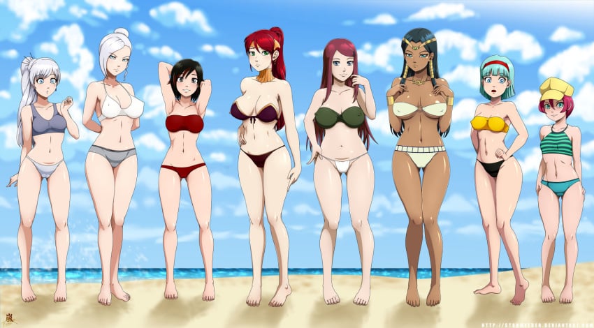 6+girls 8girls beach bikini black_hair blue_eyes blue_hair breasts bulma_briefs bulma_briefs_(frieza_saga) crossover dark-skinned_female dark_skin dragon_ball dragon_ball_super eastern_and_western_character erect_nipples erection_under_clothes female_only georgia green_eyes hair_bun huge_breasts isis_ishtar jewelry long_hair medium_breasts multiple_girls naruto naruto_shippuden pink_hair ponytail pyrrha_nikos red_hair ruby_rose rwby sand short_hair silver_hair small_breasts stormfeder swimsuit uzumaki_kushina weiss_schnee white_hair winter_schnee yu-gi-oh! yu-gi-oh!_duel_monsters