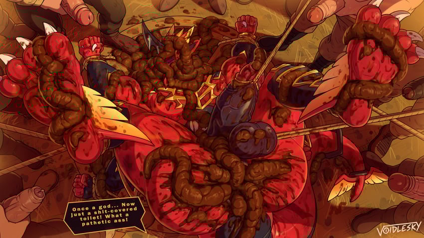 6boys after_pooping anthro anthro_male anus anus_peek ass_up belly_mouth big_penis black_body black_penis blade_horn bondage clawed_feet clawed_fingers clawed_toes claws claws_out closed_eyes closing_eyes defecation dirty dirty_body english_dialogue english_text fallen feces feces_in_ass feces_on_body feces_on_face feces_on_ground feces_pile feet feet_up foreskin foreskin_folds god gold_(metal) golden_body grinning horn human humanoid humanoid_genitalia humanoid_hands humanoid_penis humiliating humiliation male male_anthro masturbating masturbating_to_person masturbating_while_watching masturbation muscles muscular muscular_anthro muscular_male non-human only_male partially_clothed partially_clothed_human partially_clothed_male paws peasant penis penis_out penis_out_of_pants pooping_on_another presenting_feet red_body red_glans rope rope_bondage scratches scratches_all_over shit speech_bubble tail tail_tied throbbing throbbing_penis tied tied_balls tied_genitals tied_penis tied_tail tied_up uncircumcised veiny veiny_penis voidlesky watermark wheel wings yellow_eyes