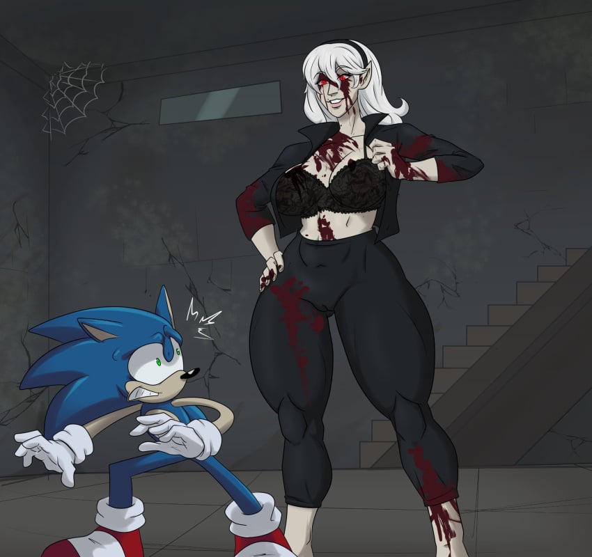 accessory anthro big_breasts black_bottomwear black_bra black_clothing black_nose black_pants black_topwear black_underwear blood blue_body blue_fur bodily_fluids bottomwear bra breasts camel_toe cleavage clothed clothing corrin_(fire_emblem) duo eulipotyphlan eyelashes female fire_emblem fire_emblem_fates footwear front_view fur gloves green_eyes hair hair_accessory hairband hand_on_hip handwear hedgehog hi_res humanoid humanoid_pointy_ears male male/female mammal navel nintendo open_clothing open_topwear pale_skin pants pointy_ears random_idiot_(artist) red_clothing red_eyes red_footwear red_shoes scared sega shoes smile sonic_(series) sonic_the_hedgehog sonic_the_hedgehog_(series) tan_body tan_fur thick_thighs topwear underwear white_clothing white_gloves white_hair white_handwear wide_eyed wide_hips yandere