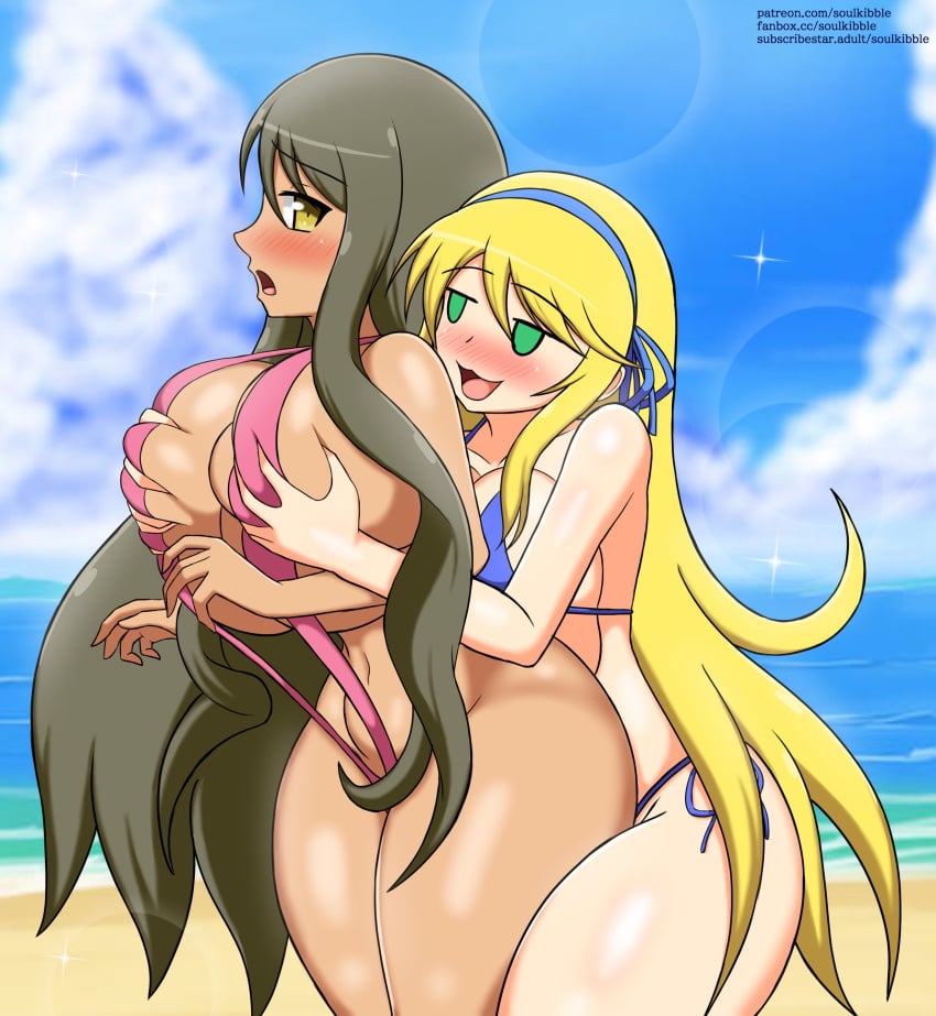 2girls ageha_(senran_kagura) beach bikini blonde_hair breast_grab breasts brown_hair dark_skin hair_ribbon katsuragi_(senran_kagura) marvelous senran_kagura sling_bikini soulkibble yuri