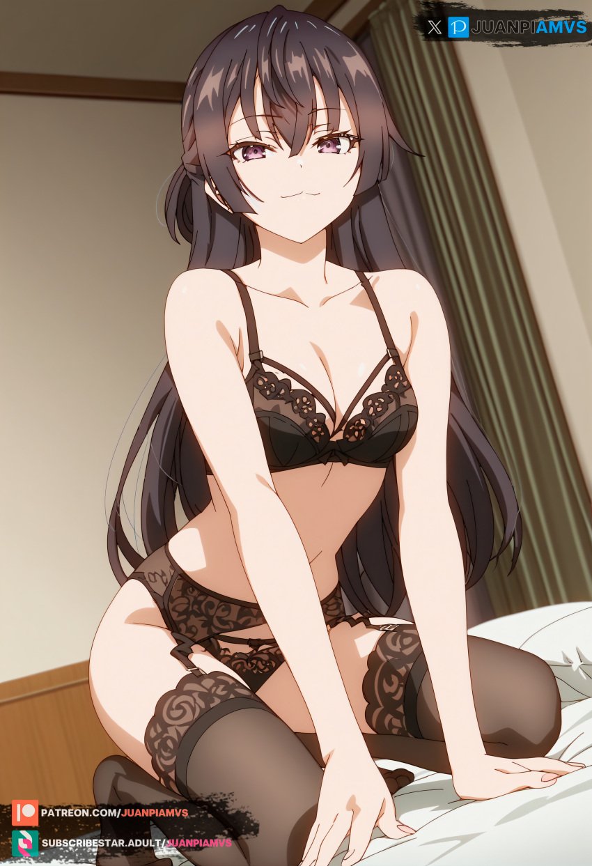 ai_generated bed brown_eyes brown_hair curvy female juanpi_amvs kneeling_on_bed lingerie lingerie_only long_hair medium_breasts patreon patreon_username room subscribestar subscribestar_username suou_yuki tokidoki_bosotto_russian_de_dereru_tonari_no_alya-san watermark