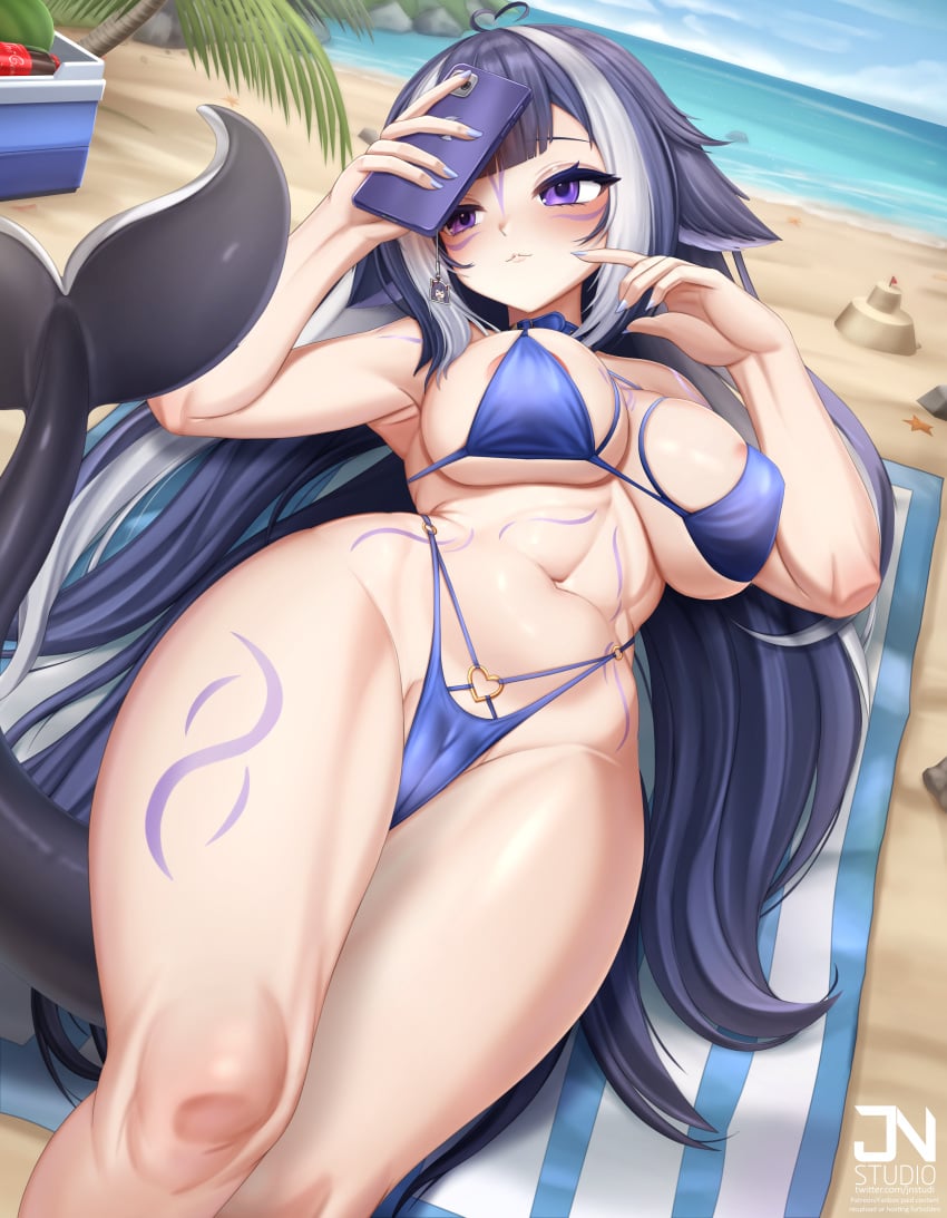 1girls animal_ears animal_tail beach bikini black_hair body_markings breasts female female_only indie_virtual_youtuber jnstudio large_breasts light-skinned_female light_skin long_hair lying_down lying_on_back ocean orca orca_girl orca_tail phone purple_eyes shylily sky solo swimsuit thighs towel two_tone_hair uniform virtual_youtuber white_hair