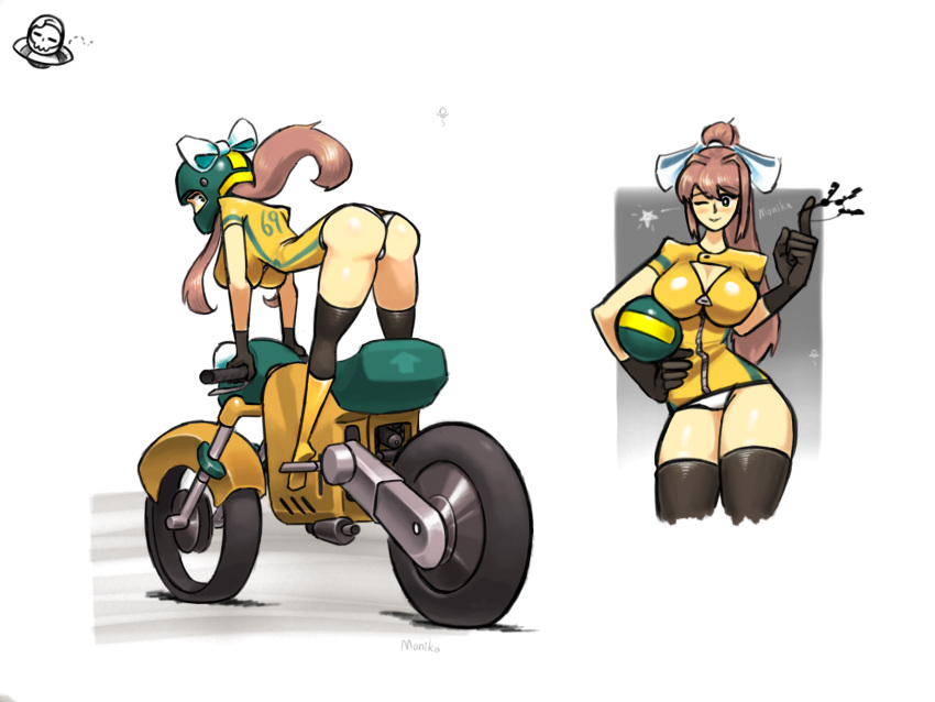 5_fingers 69 big_breasts bike_helmet biker biker_clothes biker_girl breasts butt cleavage doki_doki_literature_club emptyskull302 female green_eyes helmet key_ring keys long_hair monika_(doki_doki_literature_club) motor_vehicle motorcycle panties thigh_highs thighhighs vehicle white_panties