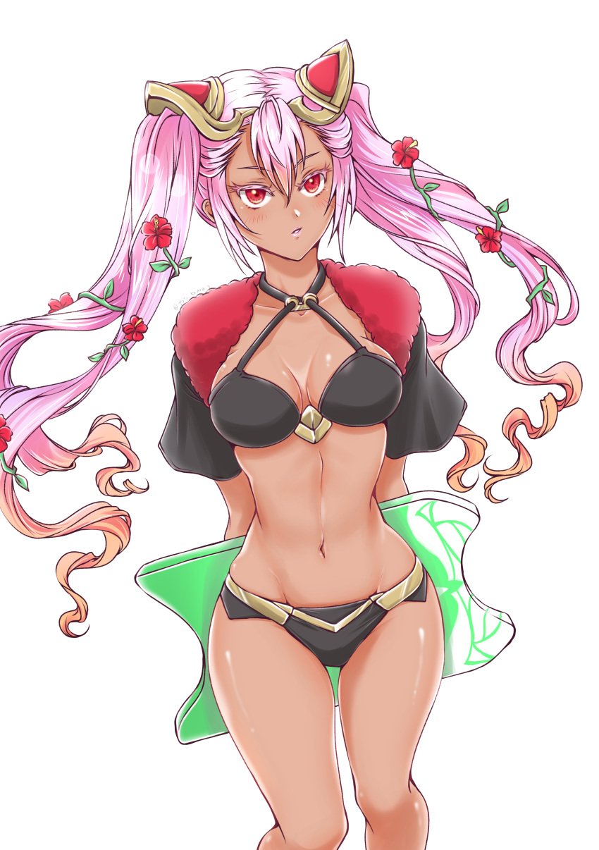 1girls absurdres alternate_costume bikini black_bikini black_jacket black_swimsuit breasts cleavage criss-cross_halter cropped_jacket dark-skinned_female dark_skin female female_only fire_emblem fire_emblem_heroes flower gold_trim gradient_hair hair_flower hair_ornament halterneck hibiscus highres holding holding_behind_back holding_kickboard jacket kickboard komainutotoro laevatein_(fire_emblem) laevatein_(summer)_(fire_emblem) long_hair looking_up medium_breasts multicolored_hair navel nintendo official_alternate_costume open_clothes open_jacket open_mouth orange_hair pink_hair plant red_eyes sidelocks simple_background solo swimsuit twintails vines white_background