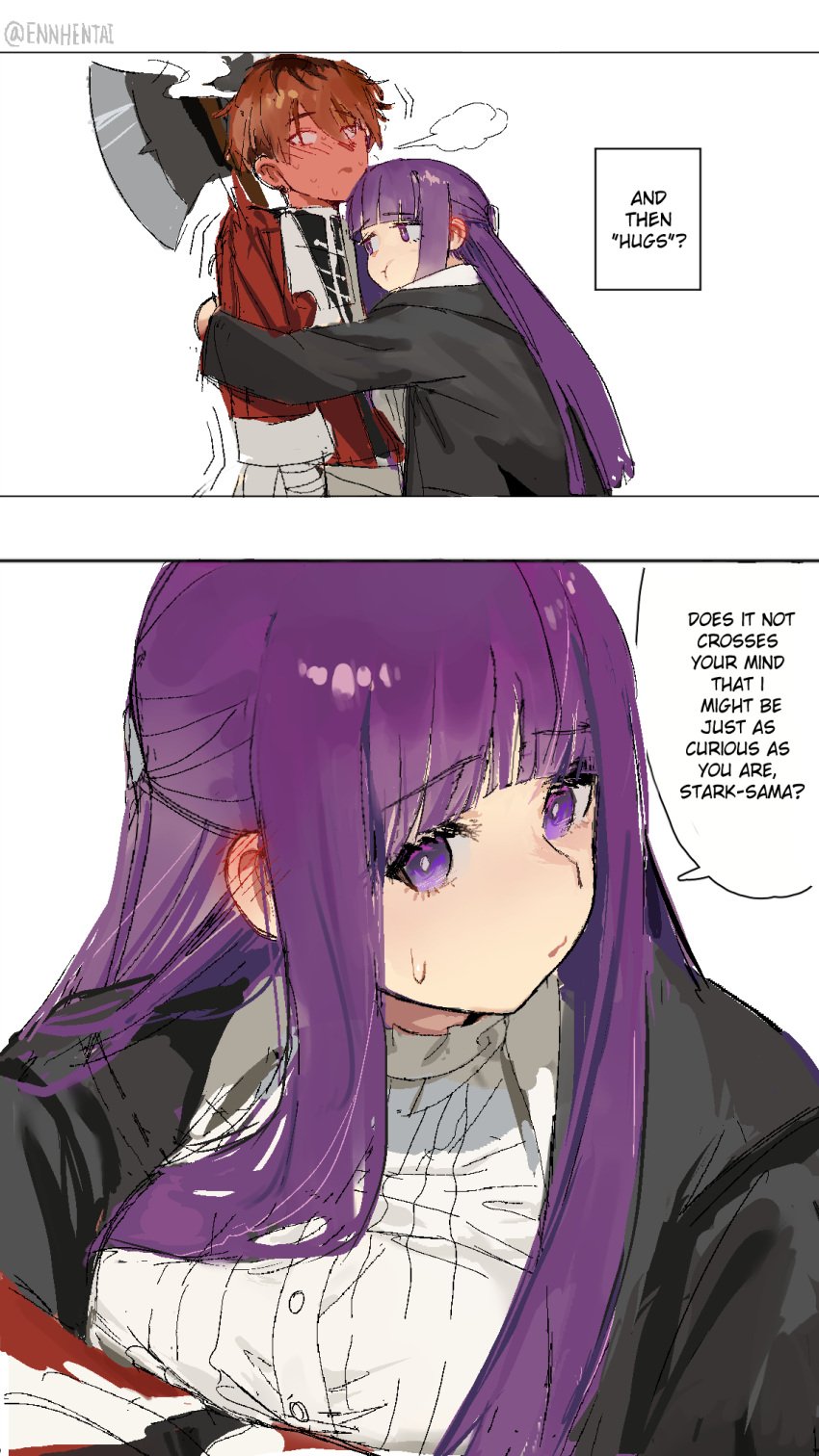 1boy 1boy1girl 1girls axe blush closed_eyes clothed clothed_female clothed_male couple couple_(romantic) dating ennhentai fake_enn female fern_(sousou_no_frieren) flustered flustered_male hugging long_hair male pout pouting purple_eyes purple_hair red_as_a_tomato red_eyes red_hair safe short_hair sousou_no_frieren stark_(sousou_no_frieren) sweat sweatdrop sweating sweating_profusely weapon weapon_over_shoulder