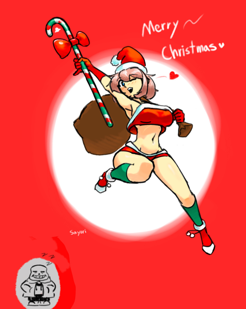 2d blue_eyes christmas_hat christmas_headwear doki_doki_literature_club emptyskull302 english_text female_focus hat headwear heart holiday_clothing human humanoid navel sans santa_hat sayori_(doki_doki_literature_club) solo_focus strawberry_blonde_hair text undertale undertale_(series) zzz