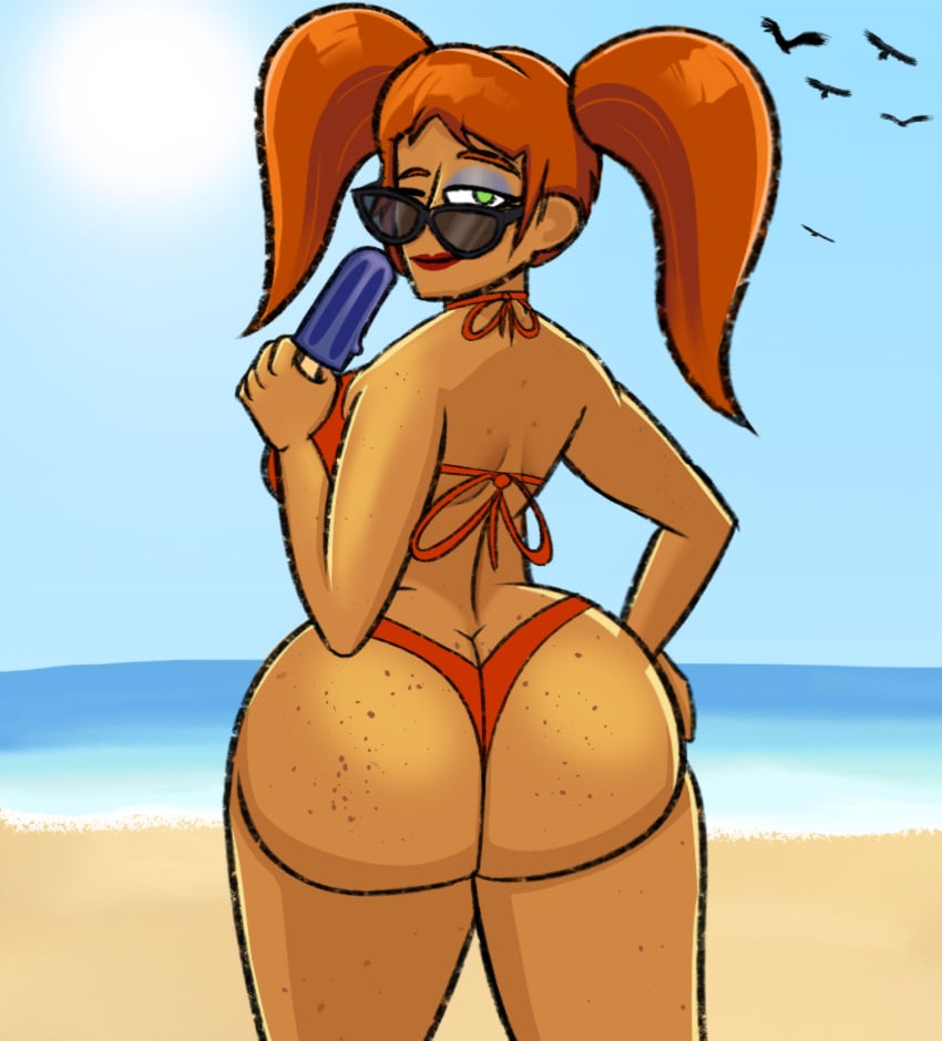 absurd_res absurdres aged_up ass ass_bigger_than_head ass_cleavage ass_focus beach beach_background bikini birds_in_background blueberry_popsicle bubble_ass bubble_butt butt butt_crack butt_focus cindy_(fnaf) dark-skinned_female female first_porn_of_character five_nights_at_freddy's five_nights_at_freddy's_4 freckles freckles_on_ass green_eyes hi_res highres jmacaw lipstick looking_at_viewer looking_back popsicle popsicle_melting raising_eyebrow red_bikini red_hair red_hair_green_eyes seductive_look seductive_smile smug smug_face sunglasses sunglasses_on_head tan_skin twintails wink winking_at_viewer