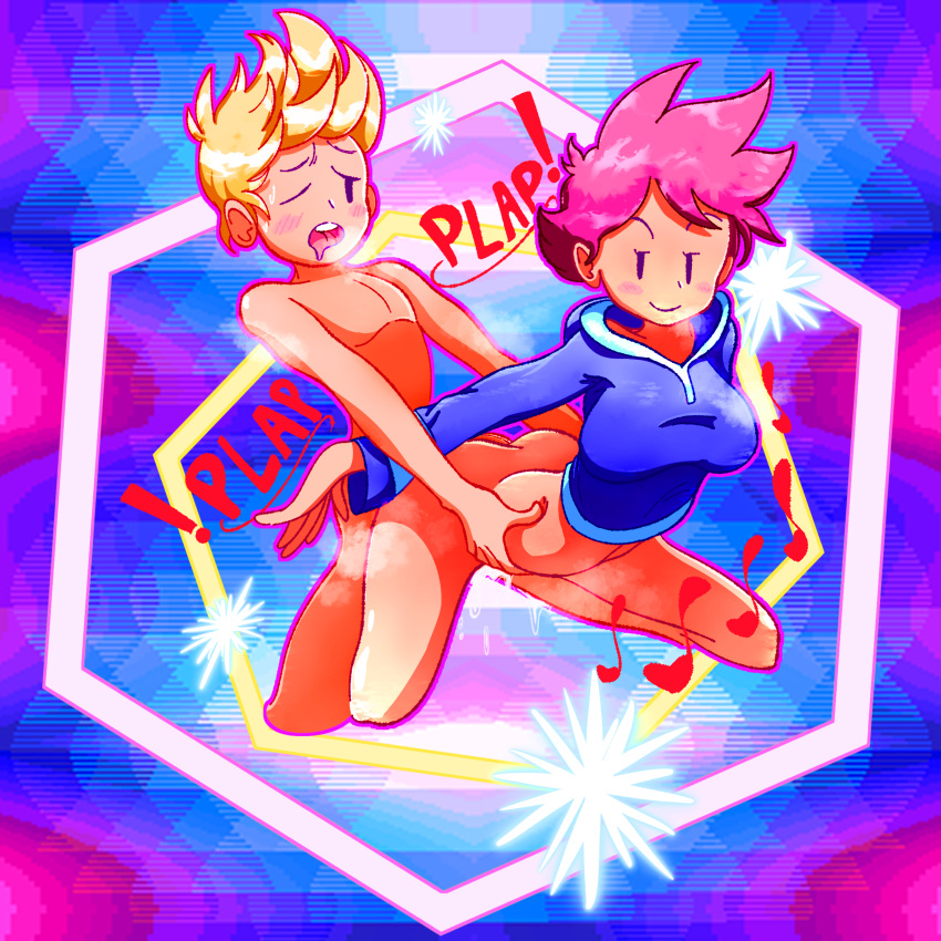 1boy 1girls arm_grab ass blonde_hair blue_background dress duo earthbound female kumatora lucas mob_face mother_(series) mother_3 nintendo pink_hair sanikink_(artist) sex smile tagme