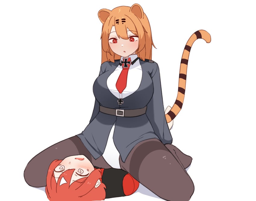 1femboy 1girl 1girls 2d :o animal_ears big_breasts black_pantyhose black_shirt daebom iron_cross kemonomimi leotard orange_hair pantyhose patreon red_eyes red_tie sitting_on_chest tagme tail tiger_(daebom) tiger_ears tiger_tail war_thunder white_leotard