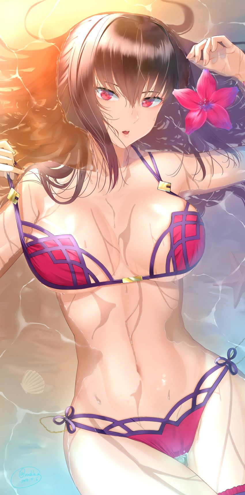 adult adult_female alternate_costume beach bikini bikini_bottom bikini_only bikini_top bracelet breasts bridal_garter busty busty_female dripping_wet fate/grand_order fate_(series) female flower hair_intakes hair_ornament head_tilt hibiscus hourglass_figure jewelry large_breasts lean_body lean_figure legs_together lipstick looking_at_viewer looking_up looking_up_at_viewer makeup mature mature_female narrow_waist navel open_mouth outdoors parted_lips partially_submerged partially_submerged_legs pink_bikini pink_bikini_bottom pink_bikini_top pink_string_bikini pink_swimsuit pink_swimwear purple_bikini purple_bikini_bottom purple_bikini_top purple_hair purple_string_bikini purple_swimsuit purple_swimwear red_eyes rushian sand scathach_(fate) scathach_(swimsuit_assassin)_(fate) seashell shell slender_body slender_waist slim_girl slim_waist soaked soaked_pussy solo strap_pull string_bikini submerged_feet submerged_legs sunset swimsuit swimwear thigh_gap thin_ tilted_head tiny_waist tongue waist wet wet_ass wet_belly wet_bikini wet_body wet_breasts wet_butt wet_face wet_hair wet_legs wet_pussy wet_skin wet_thighs wide_hips