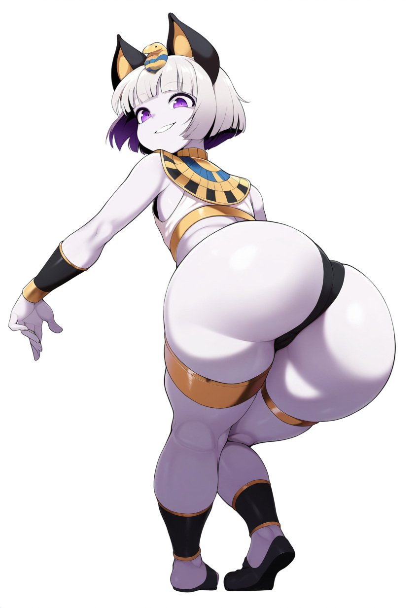 ai_generated ankha_(cosplay) blank_background cosplay egyptian_clothes fat_ass femboy grin grinning_at_viewer jonnyjonn oc original_character pale_skin presenting_hindquarters purple_eyes smiling sticking_ass_out thanatos_(jonnyjonn) thong white_hair