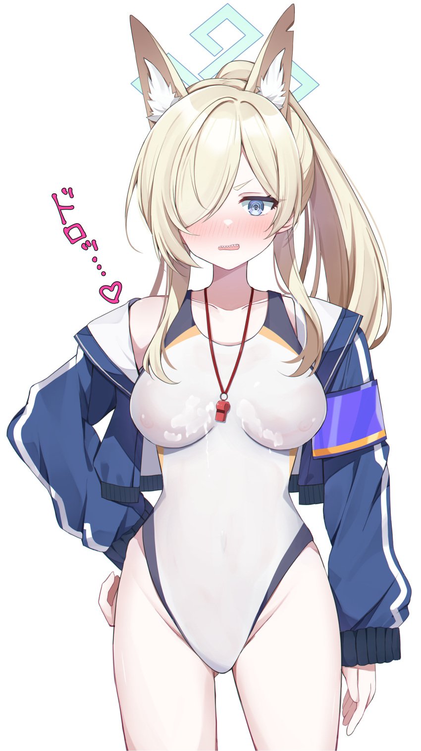 absurdres animal_ear_fluff animal_ears aqua_halo arm_at_side armband bare_shoulders between_breasts blonde_hair blue_archive blue_armband blue_jacket blush breasts breasts_apart collarbone competition_swimsuit cowboy_shot cum cum_on_body cum_on_breasts cum_on_clothes dog_ears emblem extra_ears female groin halo hand_on_own_hip high_ponytail highleg highleg_swimsuit highres hip_bones impossible_clothes impossible_swimsuit jacket kanna_(blue_archive) kanna_(swimsuit)_(blue_archive) long_hair long_sleeves looking_at_viewer medium_breasts murase48 off_shoulder one-piece_swimsuit open_clothes open_jacket open_mouth ponytail scowl sharp_teeth simple_background single_vertical_stripe sleeves_past_wrists solo standing straight-on swimsuit thighs track_jacket translation_request two-sided_fabric two-sided_jacket v-shaped_eyebrows valkyrie_police_academy_swimsuit whistle whistle_around_neck white_background white_one-piece_swimsuit