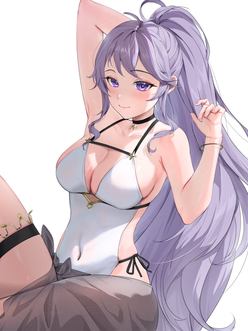 1girls absurdres alternate_costume blush breasts cleavage closed_mouth clothing_cutout commission commissioner_upload covered_navel female female_only fire_emblem fire_emblem:_genealogy_of_the_holy_war flower grey_sarong highres ishtar_(fire_emblem) large_breasts long_hair looking_at_viewer monokawa_(iurl1z) nintendo non-web_source one-piece_swimsuit ponytail purple_eyes purple_hair sarong sideboob smile solo swimsuit very_long_hair white_one-piece_swimsuit white_swimsuit