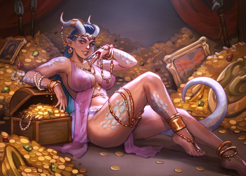 1girls 2d akira_raikou barefoot belly_button boobs breasts dragon_girl dragon_horns dragon_tail dungeons_and_dragons fanart fantasy gold gold_(metal) gold_jewelry harem_outfit horns jewelry legs monster_girl nipples scales see-through_clothing t transparent_clothing