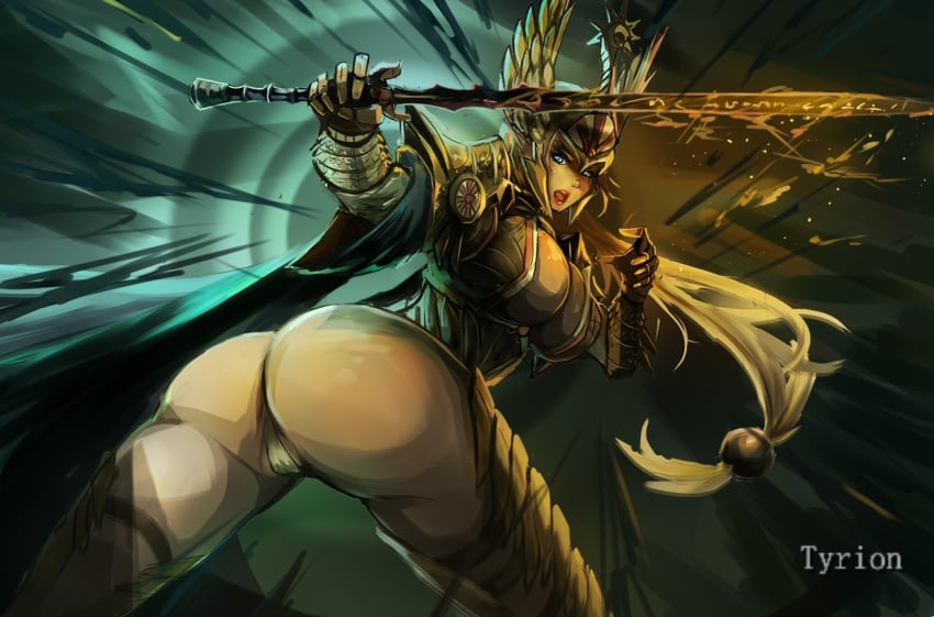 armor armored_gloves big_ass big_breasts blonde_hair blue_eyes elf elf_female elf_girl exposed exposed_ass female_version genderbent genderswap_(mtf) gloves glowing_weapon helmet high_elf_(warhammer) long_hair no_pants noble noblewoman panties pointy_ears royalty rule_63 shoulder_pads skin_tight skintight skintight_clothing sword thick_thighs thigh_highs tyrion view_from_behind warhammer_(franchise) warhammer_fantasy weapon wide_hips