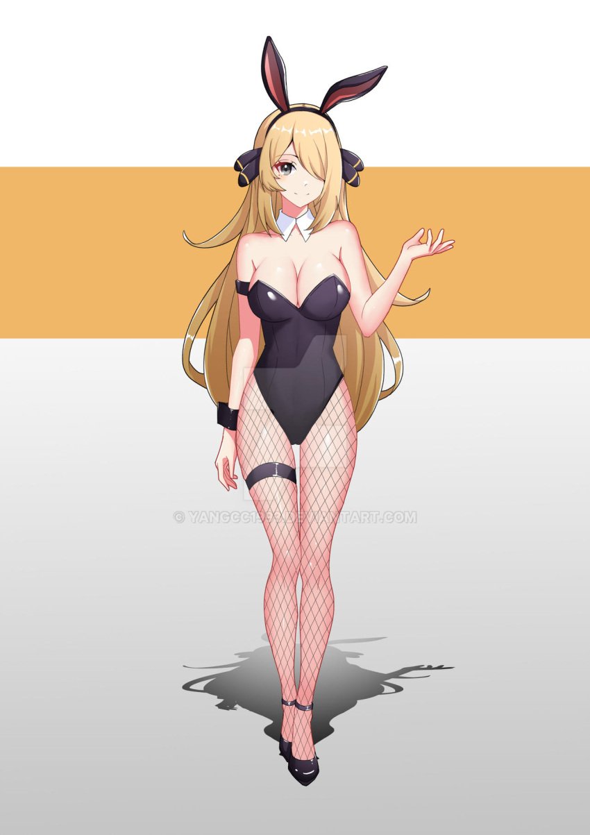 bare_shoulders black_bracelet black_hair_ornament black_heels black_leotard black_thigh_strap blonde_hair bracelet bunny_costume bunny_ears bunny_girl bunnygirl bunnysuit cleavage cynthia_(pokemon) fishnet fishnet_stockings fishnets hair_ornament heels high_heels leotard long_hair overboob pokemon pokemon_dppt silver_eyes thick_thighs thigh_strap