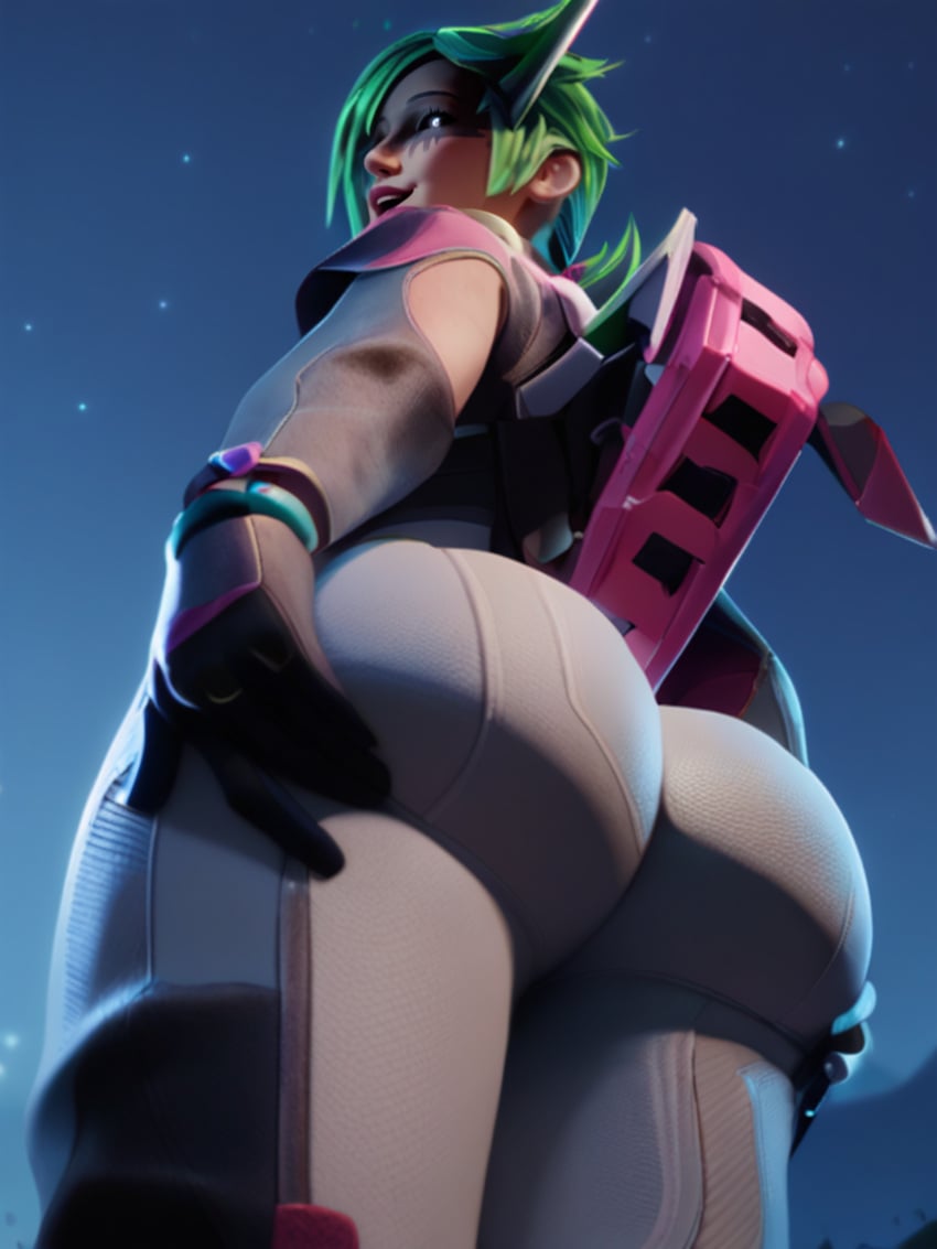 1girl 1girls ai ai_generated alter apex_legends ass ass_focus ass_grab ass_lift behind_view big_ass big_butt black_sclera bodysuit bubble_butt butt_grab butt_lift facepaint gloves grabbing_own_ass green_hair hands_on_ass looking_at_viewer looking_down low_ponytail minekezhe night open_mouth pink_tail round_ass round_butt short_hair slim_waist smile stable_diffusion viewed_from_behind viewed_from_below wide_hips