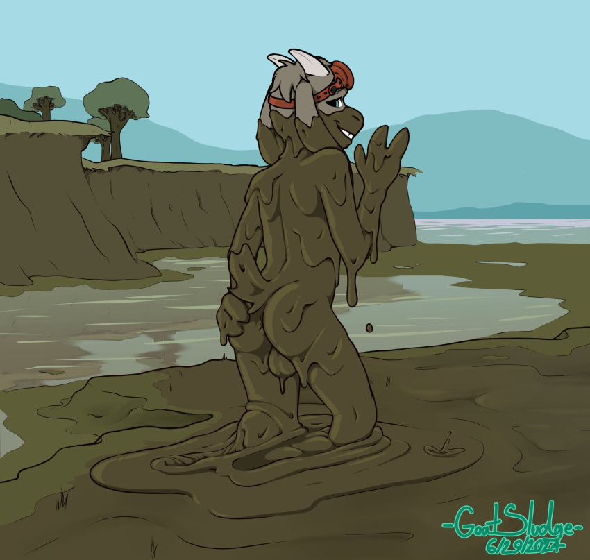 2024 anthro anus ass backsack balls blue_eyes bovid brown_body brown_fur caprine cyrus_mackenzie eyewear eyewear_on_head fur genitals goat goatsludge goggles goggles_on_head hand_on_butt hi_res horn looking_at_viewer male mammal mud mud_covered muddy nude outside smile solo wam water