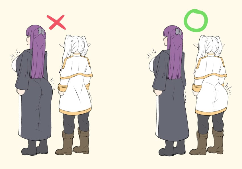 2girls ass_expansion ass_reduction big_ass big_breasts clothed clothed_female elf elf_ears elf_female female_only fern_(sousou_no_frieren) flat_ass frieren funny humor multiple_females multiple_girls purple_hair sousou_no_frieren tetsu_chokoreto white_hair