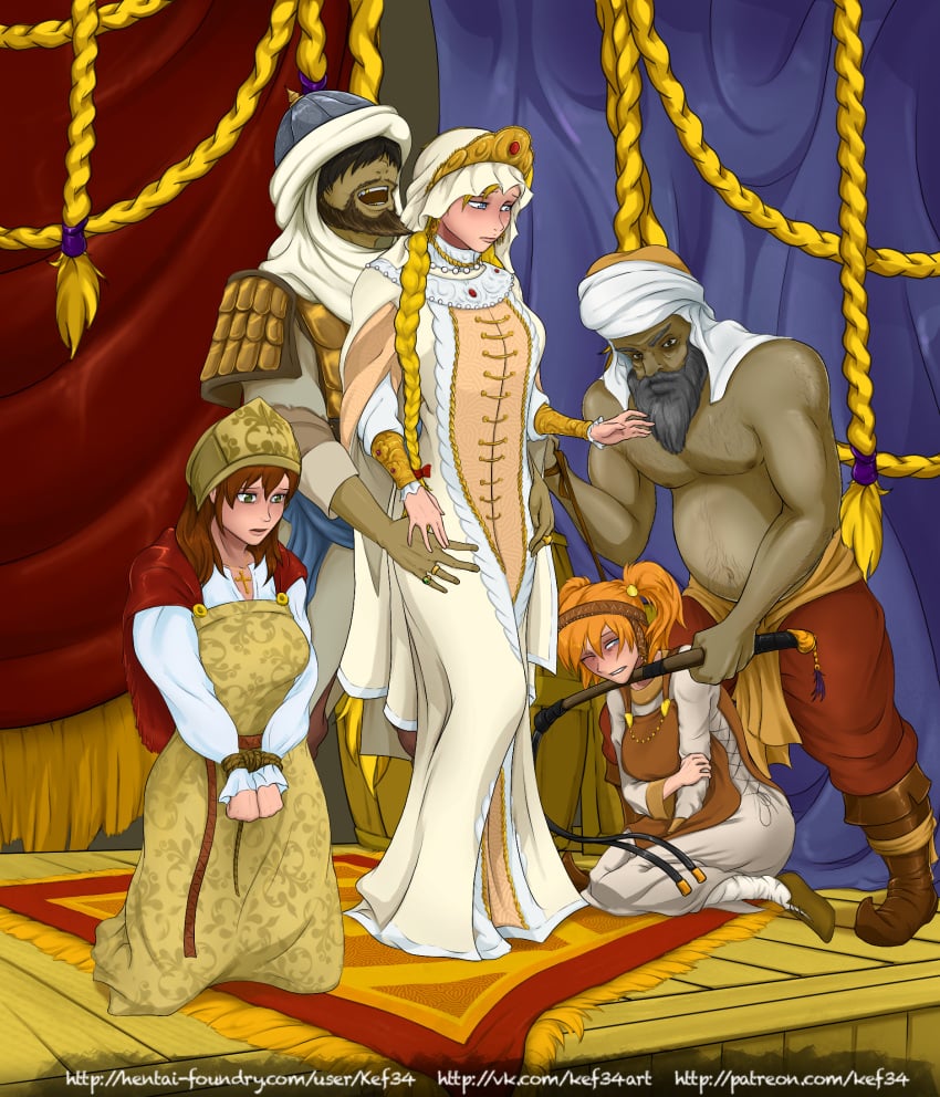 2boys 3girls alisa_(everlasting_summer) alisa_dvachevskaya arabian arabian_clothes blonde_hair blue_eyes brown_hair crossover dvach-tan everlasting_summer green_eyes image_set kef34 mount_and_blade olga_dmitrievna_(everlasting_summer) orange_eyes orange_hair slave slave_auction slavya-chan slavya_(everlasting_summer)