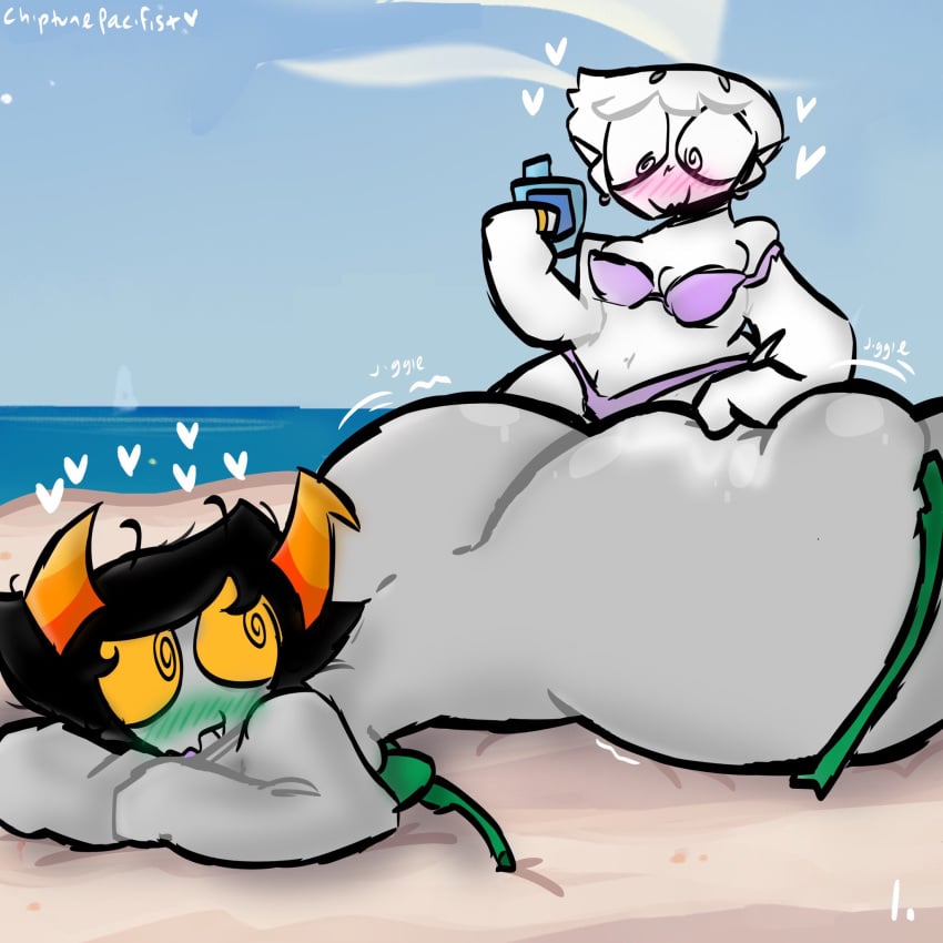 2girls alien applying_sunscreen beach bikini black_hair_female blonde_hair blonde_hair_female canon_couple colored_skin female female_only grey_skin homestuck homestuck_troll horn horns kanaya_maryam long_hair long_hair_female lotion mostly_nude rose_lalonde short_hair short_hair_female sunscreen troll yuri