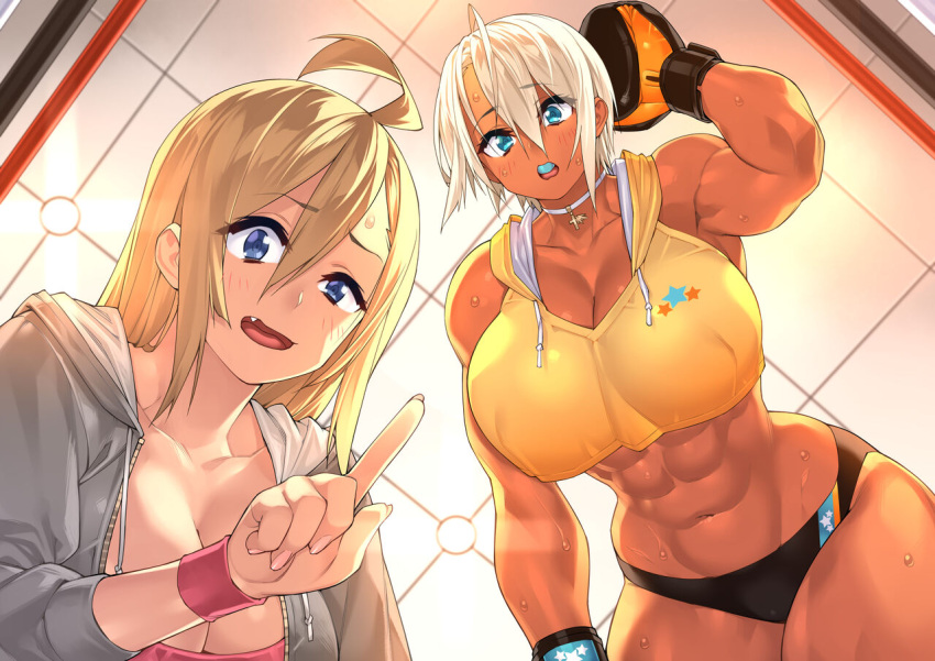 23_(real_xxiii) 2girls abs ahoge blonde_hair blue_eyes blush boxing_gloves breasts cleavage dark-skinned_female dark_skin female_focus large_breasts long_hair multiple_girls muscular muscular_female nail_polish navel oerba_yun_fang original sela_(23) sela_god thick_thighs thighs toned ursula_(23)