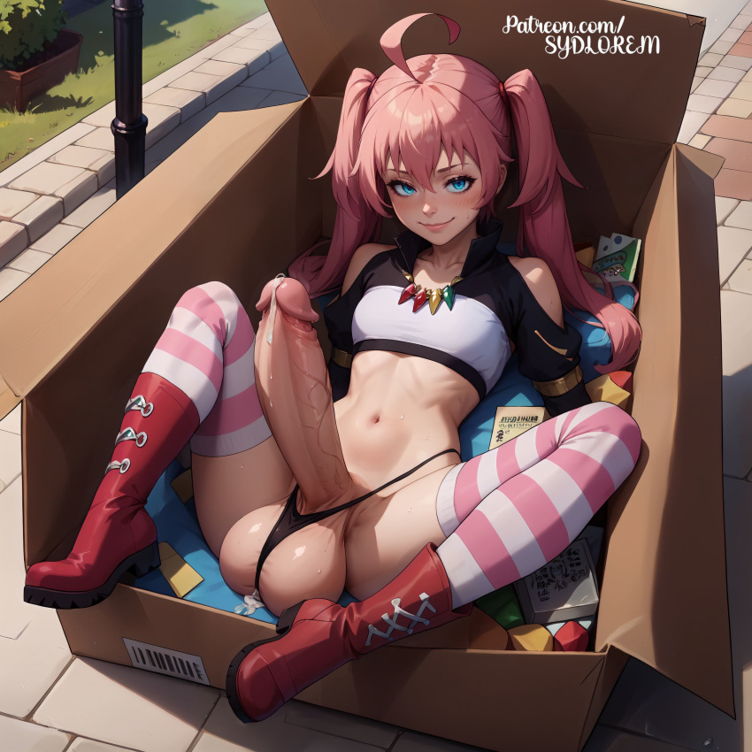 ai_generated big_balls big_penis blue_eyes box cock_out covered_nipples cute erection futa_only futanari highres huge_balls huge_cock in_a_box milim_nava necklace package partially_clothed penis pink_hair precum small_breasts solo stable_diffusion sydlorem thong thong_straps twintails